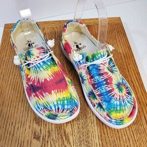 Corkys Kayak Boat Shoes Women Size 6 Blue Pink Tie Dye Bungee Stretch Comfort